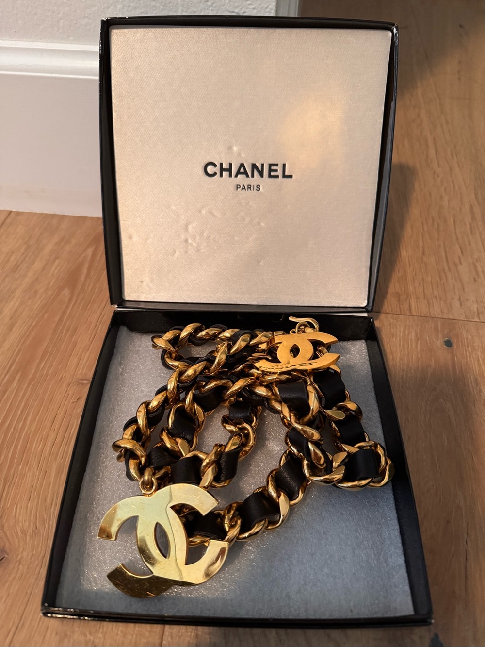 CHANEL ICONIC CC BELT LEATHER VINTAGE CHAIN CHARM NECKLACE LOGO